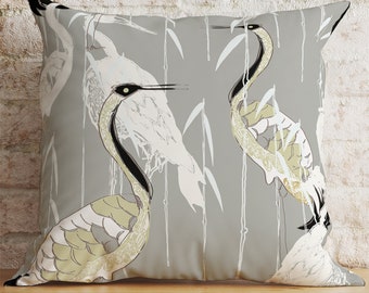 Fundas de almohada con grullas sobre fondo gris - Funda de cojín con pájaros estilo chinoiserie, fundas de cojín de lino y algodón, fundas de almohada lumbar personalizadas