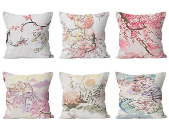 Fundas de almohada con diseño floral en 7 tamaños, fundas de cojín estilo chinoiserie, funda de almohada lumbar con flores, disponible en 6 telas, fundas de almohada para exteriores.