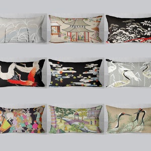May include: Set of ten decorative throw pillows featuring various Japanese-inspired designs. The pillows feature images of cranes, pagodas, and traditional Japanese patterns in black, white, red, and green.