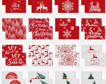 May include: A collection of Christmas-themed greeting cards. Designs include snowflakes, reindeer, Christmas trees, and festive text like "Merry Christmas" and "Let it Snow." The cards are primarily red and white.