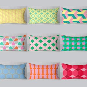 May include: Nine different patterned throw pillows in various colors and geometric designs. The pillows are arranged in three rows of three.