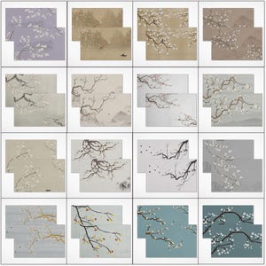 Op de afbeelding: Een verzameling rechthoekige placemats met Aziatisch geïnspireerde kunst. Elke placemat toont een ander ontwerp, waaronder bloeiende takken, vogels en landschapsscènes in verschillende kleurenpaletten zoals lavendel, beige en teal.