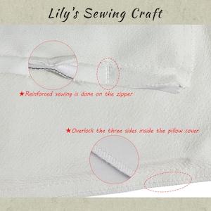 May include: Close-up of a white pillow cover with the text "Lily's Sewing Craft". The image highlights reinforced sewing on the zipper and overlock stitching on the three sides of the pillow cover. The fabric appears to be a soft, textured material.