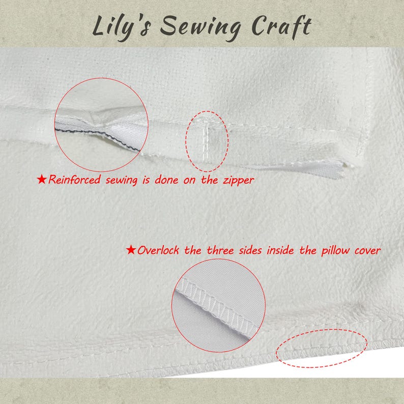 May include: Close-up of a white pillow cover with the text "Lily's Sewing Craft". The image highlights reinforced sewing on the zipper and overlock stitching on the three sides of the pillow cover. The fabric appears to be a soft, textured material.