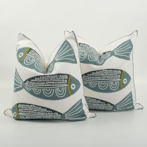 18"x18" Embroidered Throw Pillow Covers - Embroidery Blue Fish Decorative Pillow Covers,Farmhouse Decorative Cushion Cover for Home Sofa Bed
