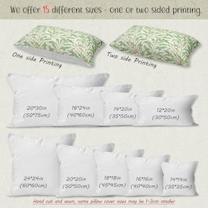 May include: Pillow covers in various sizes, with options for one-sided or two-sided printing. Sizes range from 14x14 inches to 24x24 inches. The pillow covers feature a green and white botanical design. The text states that the pillow covers are hand cut and sewn.