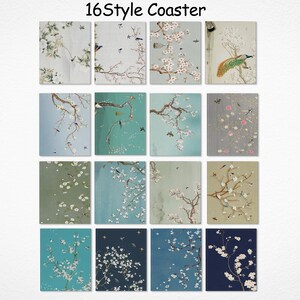 May include: A collection of sixteen square coasters, each with a unique floral and bird design. The coasters showcase watercolour-style illustrations of branches, flowers, and birds in blue, green, and white hues. The text "16Style Coaster" is visible.
