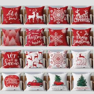 Christmas Red Pillow Cover - Farmhouse Throw Pillow Cover - Winter Holiday Decorative Cushion Covers Xmas Trees Snowflakes Pillow Cases