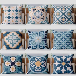 Classic Geometric Floral Pillow Cover - Blue Series Chinoiserie Throw Pillow Cover 16x16,18x18,20x20,24x24 Custom Cushion Covers Home Gifts