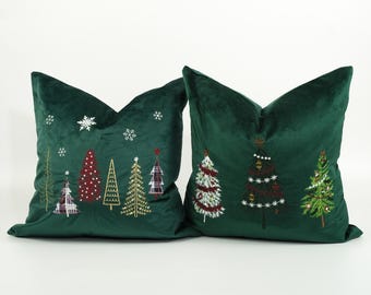 Green Christmas Embroidery Pillow Cover soft Velvet Throw Pillow Covers 18x18,12x20 Winter Lumbar Pillow Cover,Christmas Decor Cushion Cover