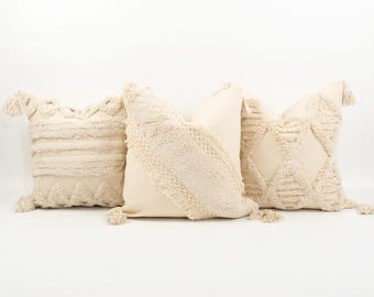Boho getufte sierkussenhoezen 18 x 18 inch crème handgemaakte kussenslopen met kwastjes decoratieve moderne kunst kussenhoes voor slaapbank