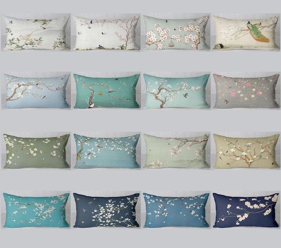 Chinoiserie Lumbar Pillow Cover - Birds and Florals Throw Pillow Cover - Modern Art Pillow - Custom Size Pillowcases for Sofa Bed Home Decor