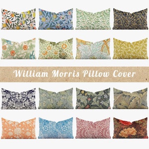 Könnte beinhalten: Eine Sammlung von 16 verschiedenen William Morris Kissenbezügen mit verschiedenen floralen und Blattmotiven in einer Vielzahl von Farben, darunter Blau, Grün, Rot, Gelb und Orange.