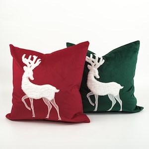 Soft Velvet Christmas Throw Pillow Cover Elk Reindeer Pattern 18x18 Pillow Cover,Red/Green Christmas Pillow case Holiday Decor Cushion Cover