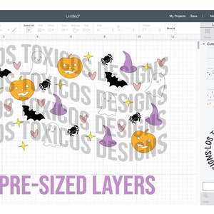 Puede incluir: Un dise&ntilde;o digital para un proyecto de manualidades con tem&aacute;tica de Halloween. El dise&ntilde;o presenta una variedad de iconos de Halloween, incluyendo fantasmas, murci&eacute;lagos, calabazas, ara&ntilde;as y sombreros de bruja. El dise&ntilde;o est&aacute; predimensionado y listo para ser cortado y utilizado para proyectos de manualidades. El dise&ntilde;o es de Los Toxicos Designs LTD.