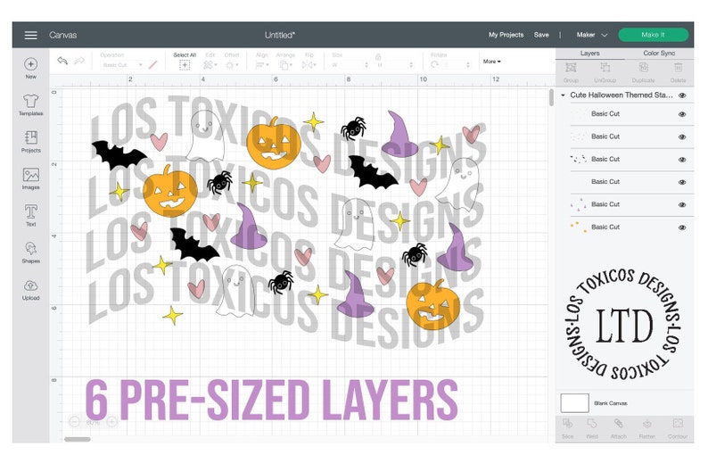 Puede incluir: Un dise&ntilde;o digital para un proyecto de manualidades con tem&aacute;tica de Halloween. El dise&ntilde;o presenta una variedad de iconos de Halloween, incluyendo fantasmas, murci&eacute;lagos, calabazas, ara&ntilde;as y sombreros de bruja. El dise&ntilde;o est&aacute; predimensionado y listo para ser cortado y utilizado para proyectos de manualidades. El dise&ntilde;o es de Los Toxicos Designs LTD.