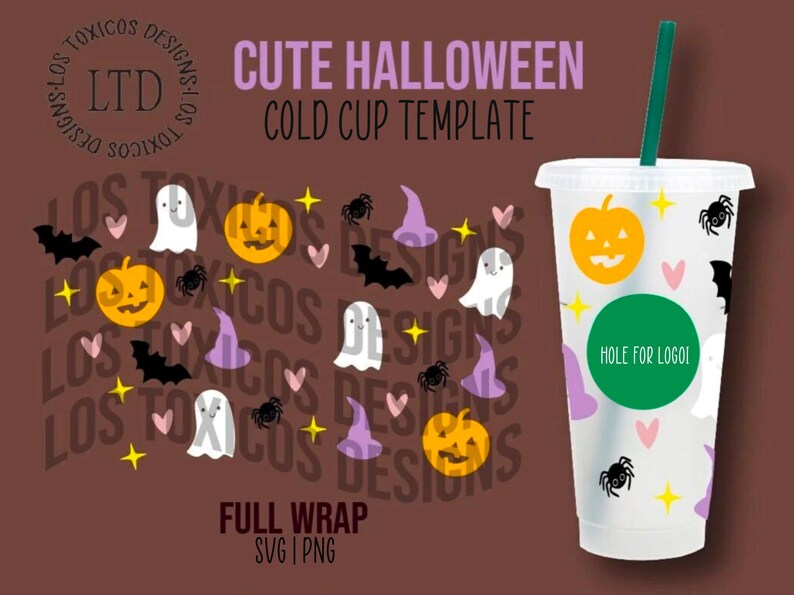 Puede incluir: Una plantilla de dise&ntilde;o digital para un vaso fr&iacute;o con tem&aacute;tica de Halloween. El dise&ntilde;o incluye fantasmas, calabazas, murci&eacute;lagos, ara&ntilde;as, estrellas y corazones. El texto "Cute Halloween Cold Cup Template" y "Full Wrap SVG | PNG" est&aacute; incluido en el dise&ntilde;o. La plantilla es para un vaso fr&iacute;o de 473 ml.
