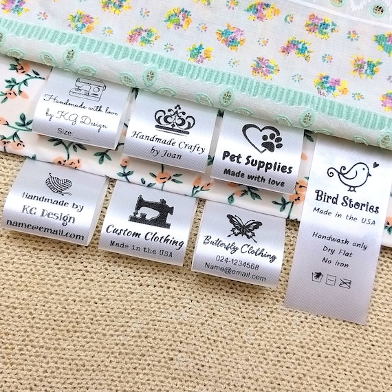 Set of 100pcs Personalized Fabric Label Custom Logo Sewing Clothing tag  Handmade with Love Sewing Tools Design White Silky Satin Flat sew in end  fold