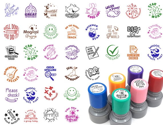 Shiny Ribbon Teacher Stamp - Round Self-Inking Classroom Stamp With Red Ink