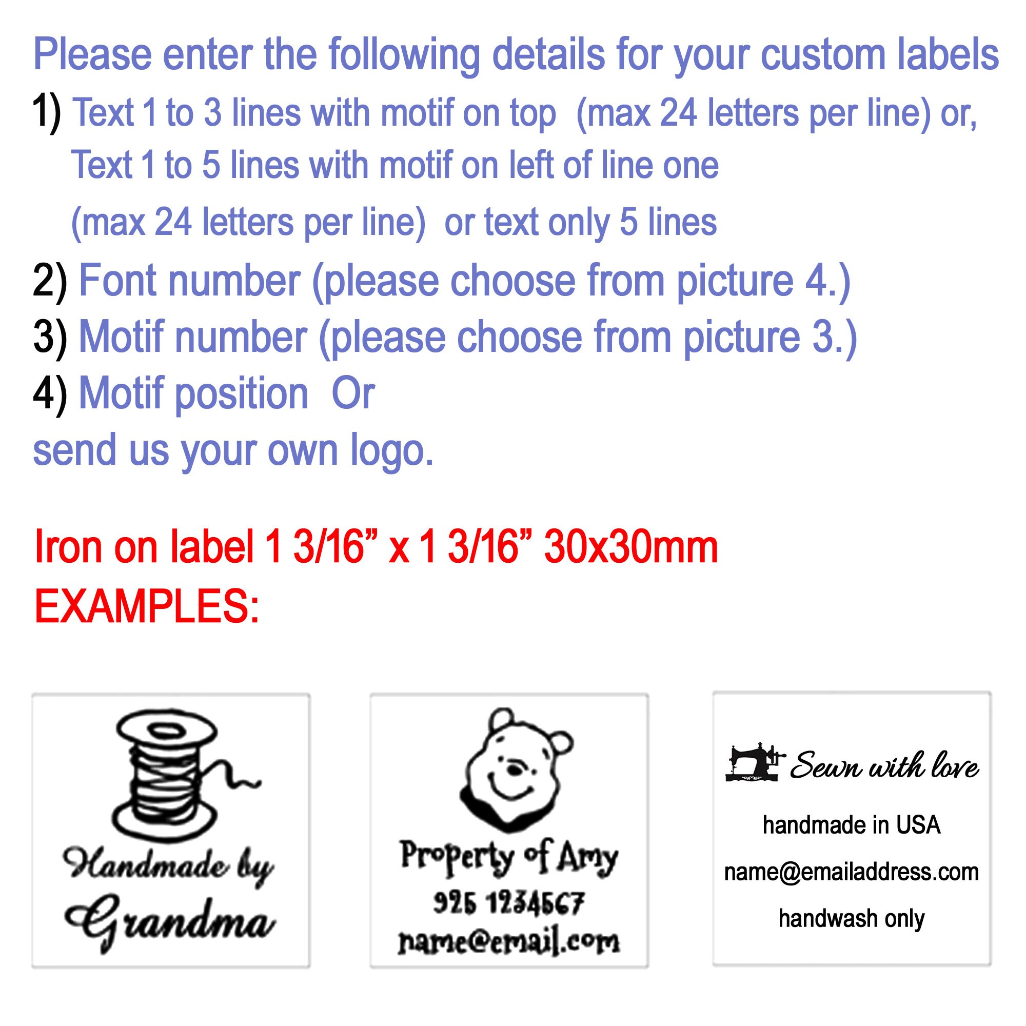 Qty 100 Personalized Iron on Labels Custom Clothing Label Fabric Label  Garment Logo Name Tag Silky Satin Label Washable Waterproof Size D 