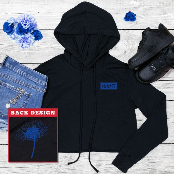 Anime Blue Spider Lily Crop Hoodie Anime Tokyo Crop Top Hoodie Anime Crop Top Hoodie Ghoul Anime Blue Spider Lily Light-Weight Thin Hoodie