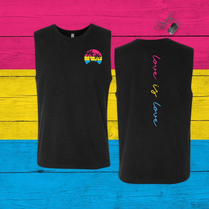 Pan Sunset Unisex Jersey Muscle Tank, Pansexual Island Pride Top, Palm