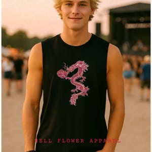 May include: A black sleeveless shirt with a red dragon graphic and the text "Hell Flower Apparel" printed on the bottom.