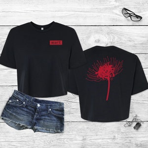 Anime Spider Lily Jersey Crop Tee, Anime Minimalist Crop, Jersey Tee, Women's Cotton Crop, Aesthetic Ombre Anime Crop, Tokyo Red Spider Lily