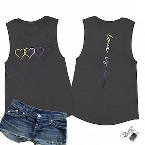 May include: A dark gray sleeveless tank top with a design of interlocking hearts in yellow, purple, and black on the front. The back of the tank top has the text "love is love" in a vertical orientation.