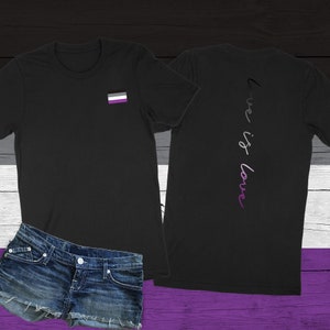 May include: Black t-shirt with a small asexual pride flag on the left chest and the text "Love is love" on the back in a gradient of purple, white, and black.