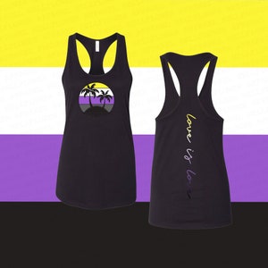 May include: Black tank top with a palm tree graphic on the front and the text "love is love" on the back. The graphic is a sunset with a yellow, white, and purple color scheme.