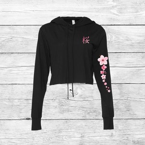 Sakura Light-Weight Crop Hoodie, Japanese Cherry Blossom Ultra Thin Pullover, Fashion Art Top