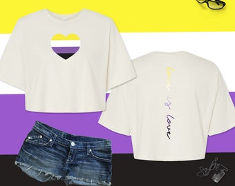 Non-Binary Pride Crop Tee, Flag Heart, Enby Hearts, Love Wins Top