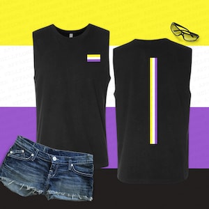 May include: Black sleeveless shirt with a yellow, white, and purple stripe on the back and a small yellow, white, and purple flag on the front.