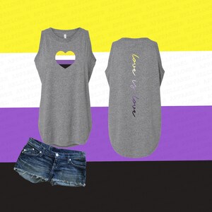 May include: A gray tank top with a purple, white, and yellow heart on the front and the text "love is love" on the back. The tank top is paired with denim shorts.