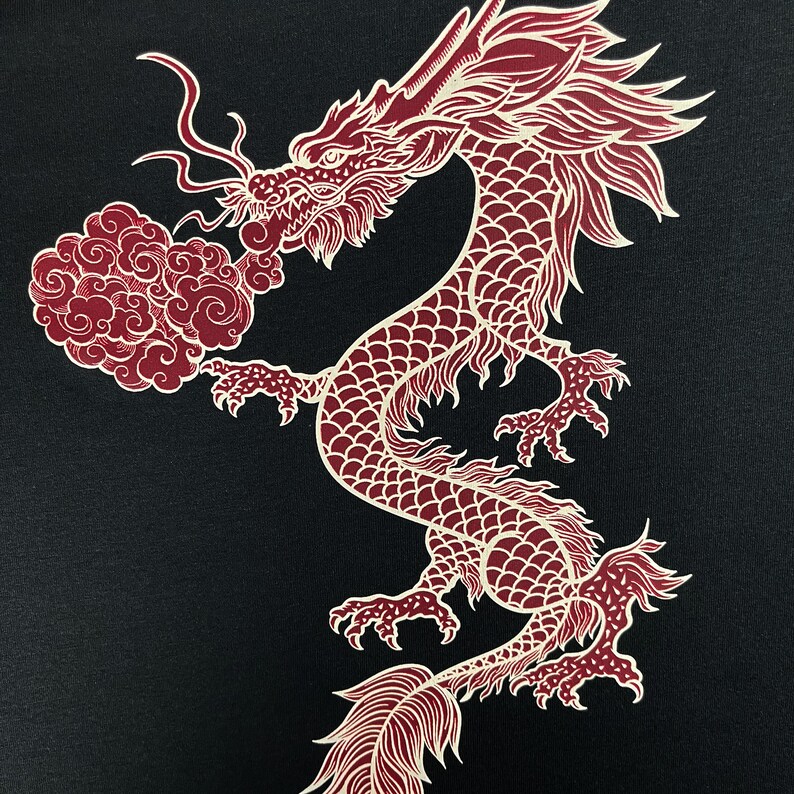May include: A red dragon with white outlines, breathing out a cloud of smoke. The dragon is depicted in a traditional Chinese style, with intricate details and a powerful presence.