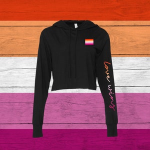 May include: Black cropped hoodie with long sleeves. The left sleeve has the text "love wins" printed in rainbow colors. The right side of the chest has a small lesbian pride flag.
