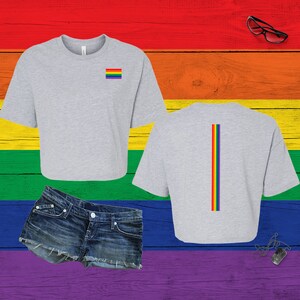 Pu&ograve; includere: Un top corto grigio chiaro a maniche corte con una piccola bandiera arcobaleno orizzontale sul petto sinistro e una striscia arcobaleno verticale sul retro, abbinato a pantaloncini di jeans blu con orlo sfrangiato e una collana con piastrina militare.