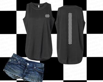Race Flag Relaxed Fit Tank, Women's Retro Patty's Day Green Checkered Top