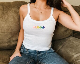 Pride Human Micro Rib Tank Top, Women's Soft Stretch Fit Spaghetti Strap Tank