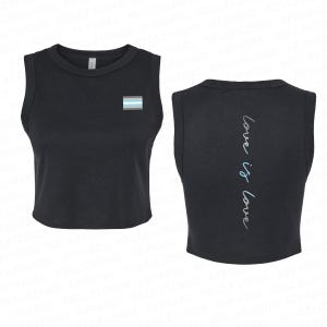 May include: Black sleeveless crop top with a light blue, white, and gray stripe on the front and the text "love is love" on the back.