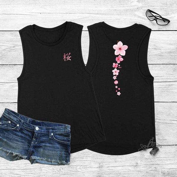 Sakura Fashion Art Cherry Blossom Muscle Tank Top, tanque muscular de mujer estética japonesa, camiseta japonesa Sakura Tank, camiseta sin mangas de flores anime