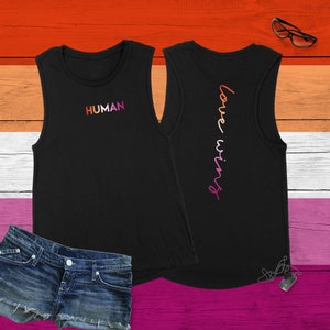 Human Love Wins Muscle Tank Top, Lesbian Muscle Tank Top, Women&#39;s LGBTQ Muscle Tank Top,  Pride Month Jersey Muscle Tank Top