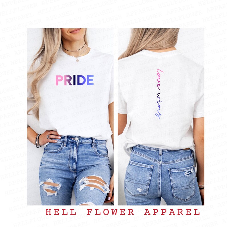 Pode incluir: Camiseta branca com a palavra "PRIDE" em cores do arco-&iacute;ris na frente e "love wins" em cores do arco-&iacute;ris nas costas.