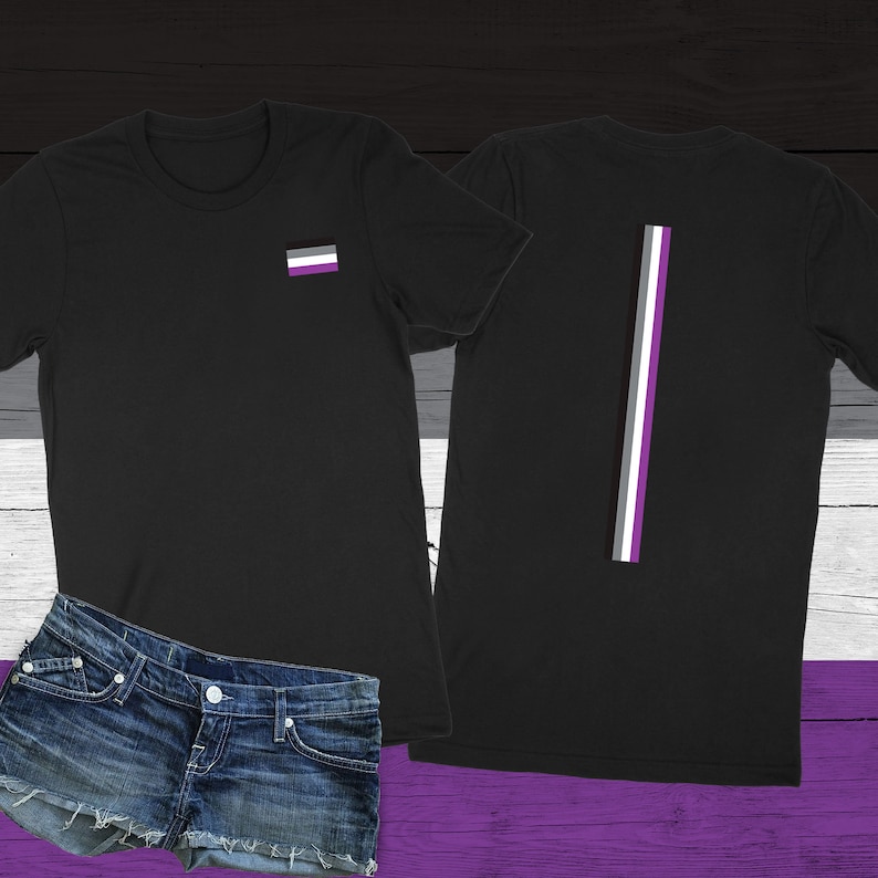 May include: Black t-shirt with a small asexual pride flag on the left chest and a larger asexual pride flag down the back.