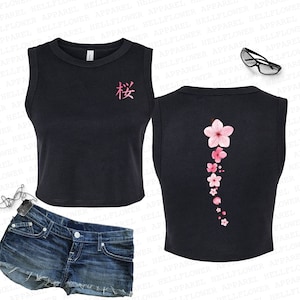 Sakura Crop Muscle Tank, Pink Flower Stretch Fit Baby Tee, Anime Cherry Blossom