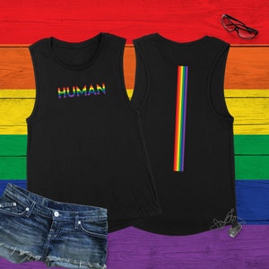 Gay Human Flag Pride Jersey Muscle Tank Top, Human Gay Pride Tank, Gay Flag Top, Rainbow Pride, Women&#39;s Muscle Tank Top, LGBTQ Muscle Tank