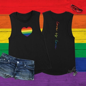 Gay Pride Love is Love Muscle Tank Top, Women&#39;s Jersey Love is Love Aesthetic, Heart Flag Minimalist Muscle Top, LGBTQ Summer Parade Tank