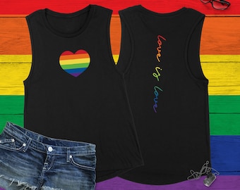 Gay Heart Pride Muscle Tank Top, Women's Rainbow Love is Love LGBTQ+ Apparel