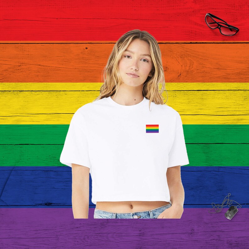 Gay Flag Jersey Crop Tee, Retro LGBTQ Checkered Parade Cotton Top immagine 6